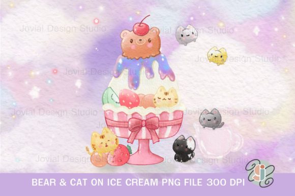 A Designer's Take on the Bear Cat on Ice Cream Watercolour PNG
