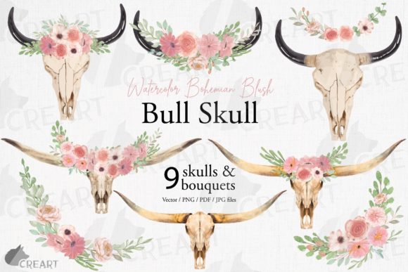Floral Bull Skull Graphics for Bohemian Print Templates