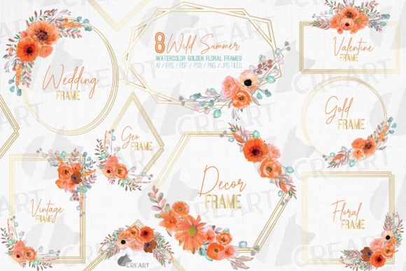Orange Flowers & Gold Wire Graphics for Print Templates