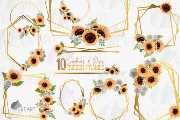 Sunflower White Roses Gold Geo Frames Graphics for Print Templates