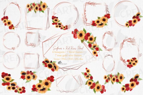 Sunflowers & Red Roses Rose Gold Frames for Graphics & Templates