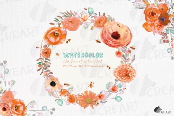 Wild Summer Orange Floral Wreath Bees Graphics for Print Templates